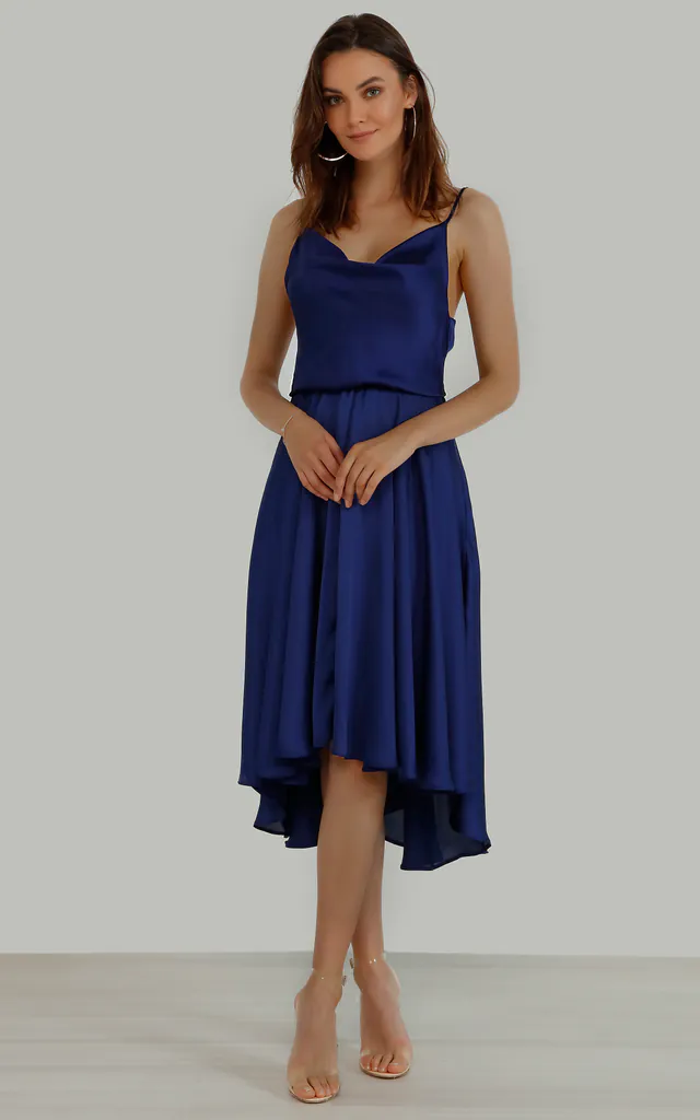 Cowl Neck Satin Dip Hem Dress Sax Blue | URBAN TOUCH | SilkFred Cowl Neck Satin Dip Hem Dress Sax Blue | URBAN TOUCH | SilkFred