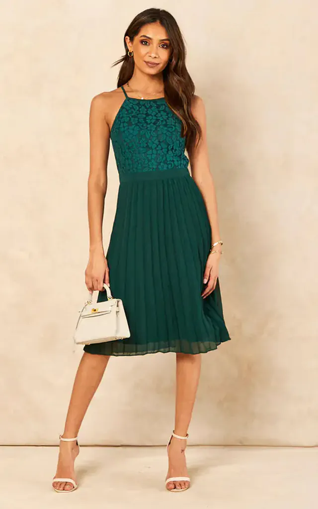 double second green long sleeve lace pleated dress reviews Dark Green DOUBLE SECOND Short Sleeve Lace Pleated Dress