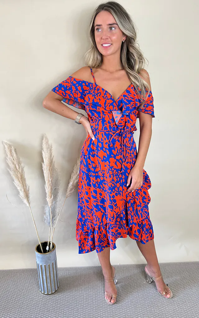 Frill dress in orange & blue animal print | Unscripted | SilkFred Frill dress in orange & blue animal print | Unscripted | SilkFred