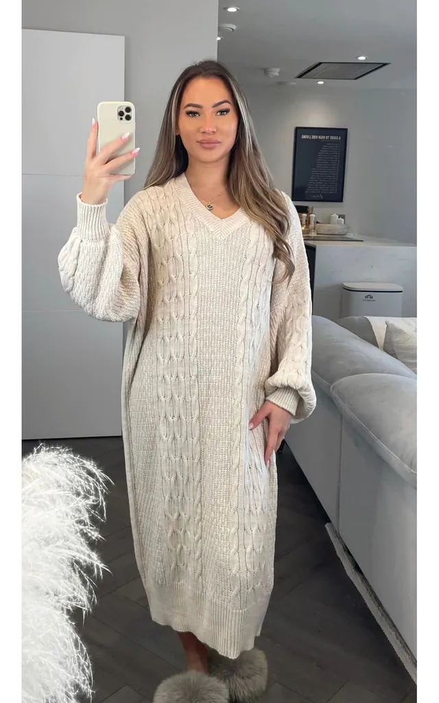 V-neck Maxi Knitted Jumper Dress in Stone | De La Creme Fashions | SilkFred V-neck Maxi Knitted Jumper Dress in Stone | De La Creme Fashions | SilkFred