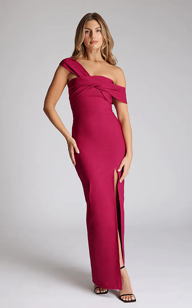 Winslow bardot maxi dress with thigh split in raspberry | Vesper | SilkFred Winslow bardot maxi dress with thigh split in raspberry | Vesper | SilkFred