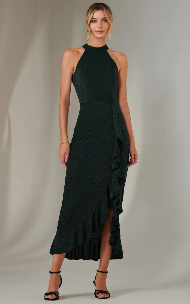 Halter Neck Frill Jersey Maxi Dress, Dark Green | JOLIE MOI | SilkFred Halter Neck Frill Jersey Maxi Dress, Dark Green | JOLIE MOI | SilkFred