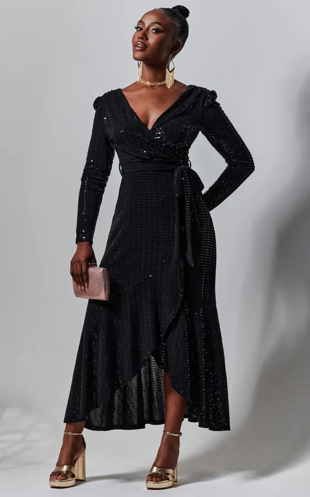 Sparkly Wrap Frill Hem Maxi Dress, Black | JOLIE MOI | SilkFred Sparkly Wrap Frill Hem Maxi Dress, Black | JOLIE MOI | SilkFred