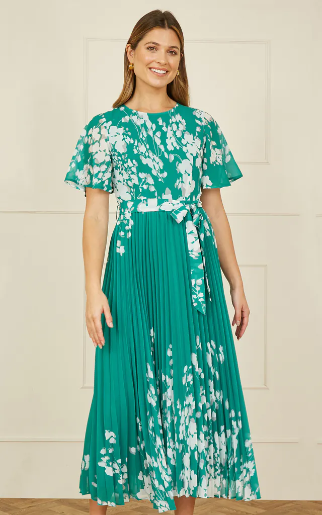 Green Mirror Floral Design Pleated Midi Dress | Yumi | SilkFred Green Mirror Floral Design Pleated Midi Dress | Yumi | SilkFred