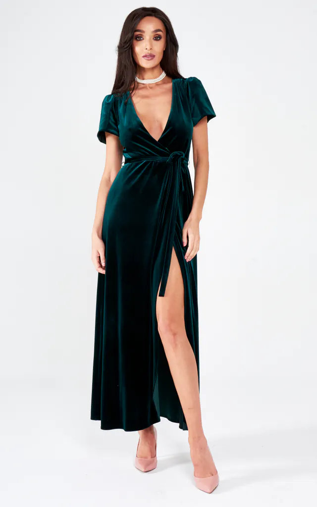 Green Velour Wrap Evening Dress | Lady Flare | SilkFred Green Velour Wrap Evening Dress | Lady Flare | SilkFred