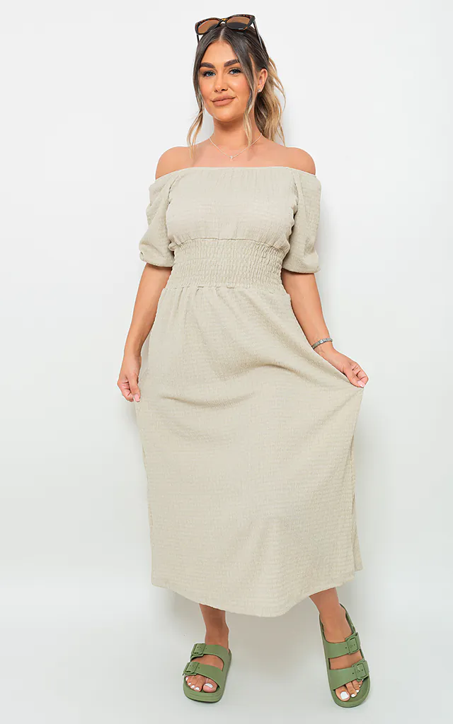 Isabelle Off Shoulder Shirred Waist Mini Dress in Beige | IKRUSH | SilkFred Isabelle Off Shoulder Shirred Waist Mini Dress in Beige | IKRUSH | SilkFred