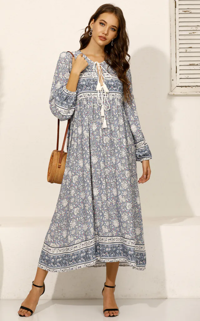 Boho Long Sleeve In Blue & White Floral Print Midi Dress | FS Collection | SilkFred Boho Long Sleeve In Blue & White Floral Print Midi Dress | FS Collection | SilkFred