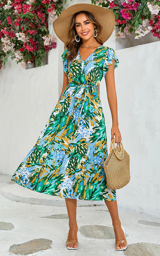 Tropical Print Wrap Top Midi Dress In Green | FS Collection | SilkFred Tropical Print Wrap Top Midi Dress In Green | FS Collection | SilkFred