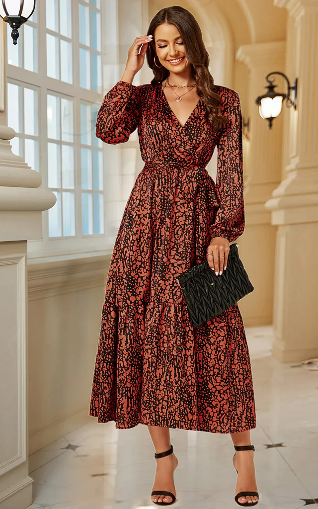 Animal Print Long Sleeve Wrap Style Midi Dress In Red Copper | FS Collection | SilkFred Animal Print Long Sleeve Wrap Style Midi Dress In Red Copper | FS Collection | SilkFred
