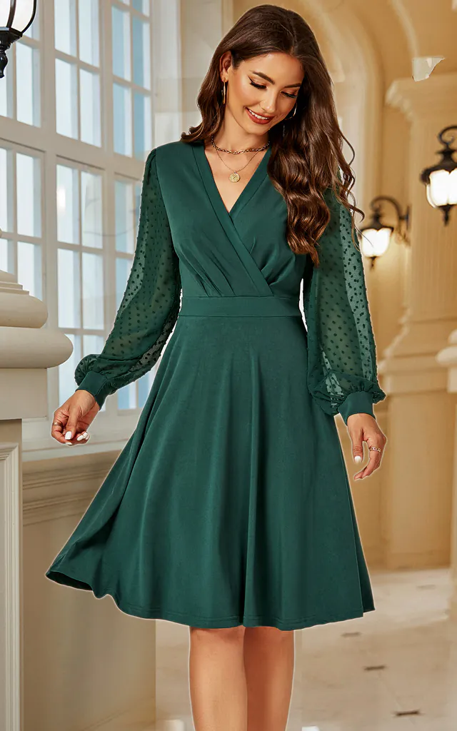 Long Lace Sleeve Wrap Style Dress In Green | FS Collection | SilkFred Long Lace Sleeve Wrap Style Dress In Green | FS Collection | SilkFred