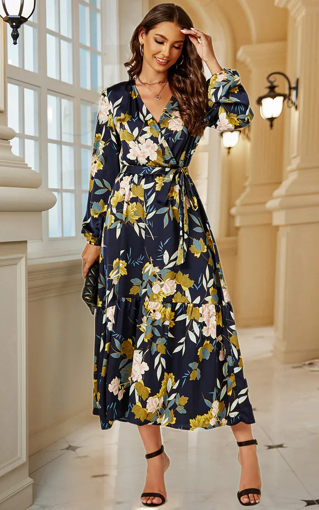 Feminine Floral Print Long Sleeve Wrap Style Midi Dress In Navy | FS Collection | SilkFred Feminine Floral Print Long Sleeve Wrap Style Midi Dress In Navy | FS Collection | SilkFred