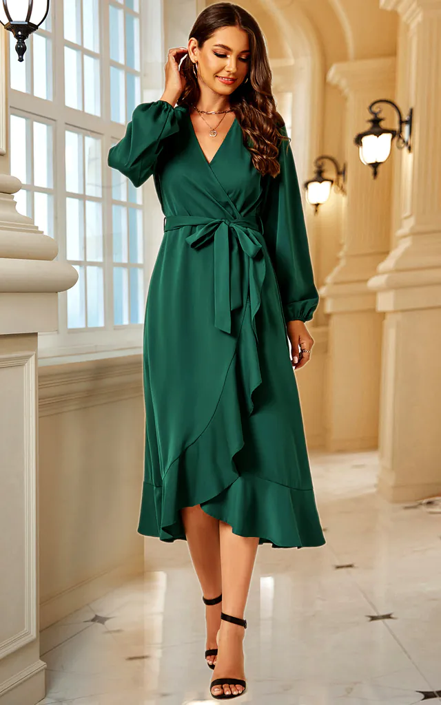 Long Sleeve Wrap Top Midi Dress In Dark Green | FS Collection | SilkFred Long Sleeve Wrap Top Midi Dress In Dark Green | FS Collection | SilkFred