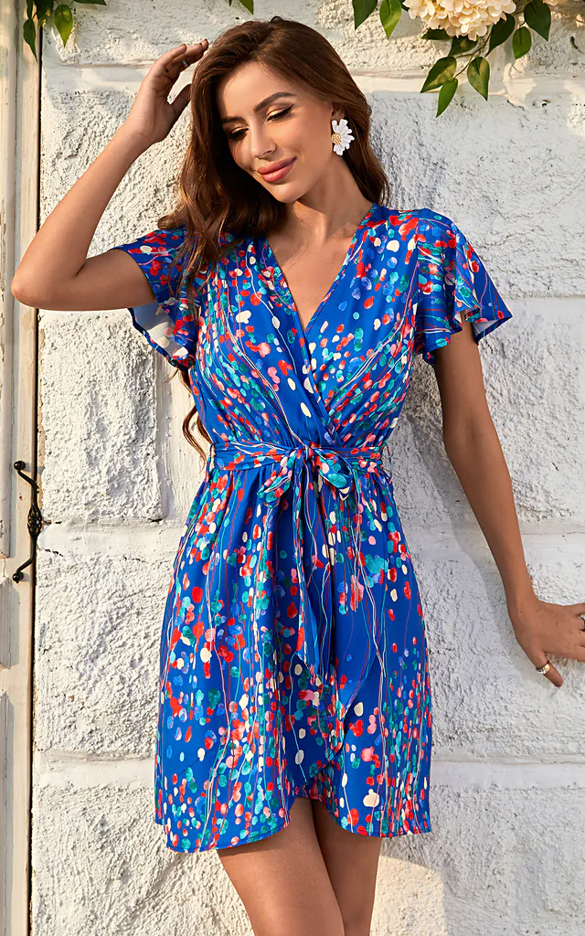 Abstract Floral Print Wrap Top Mini Dress In Blue | FS Collection | SilkFred Abstract Floral Print Wrap Top Mini Dress In Blue | FS Collection | SilkFred