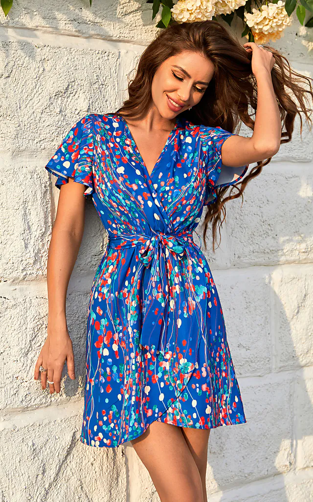 Abstract Floral Print Wrap Top Mini Dress In Blue Abstract Floral Print Wrap Top Mini Dress In Blue