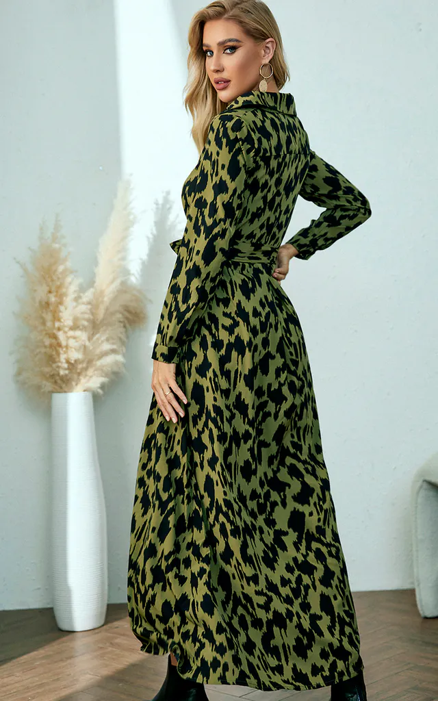Green Leopard Silkfred Animal Print Dress Forest Green Wild Animal Print Maxi Shirt Dress With Tie Waist Green Leopard Silkfred Animal Print Dress Forest Green Wild Animal Print Maxi Shirt Dress With Tie Waist