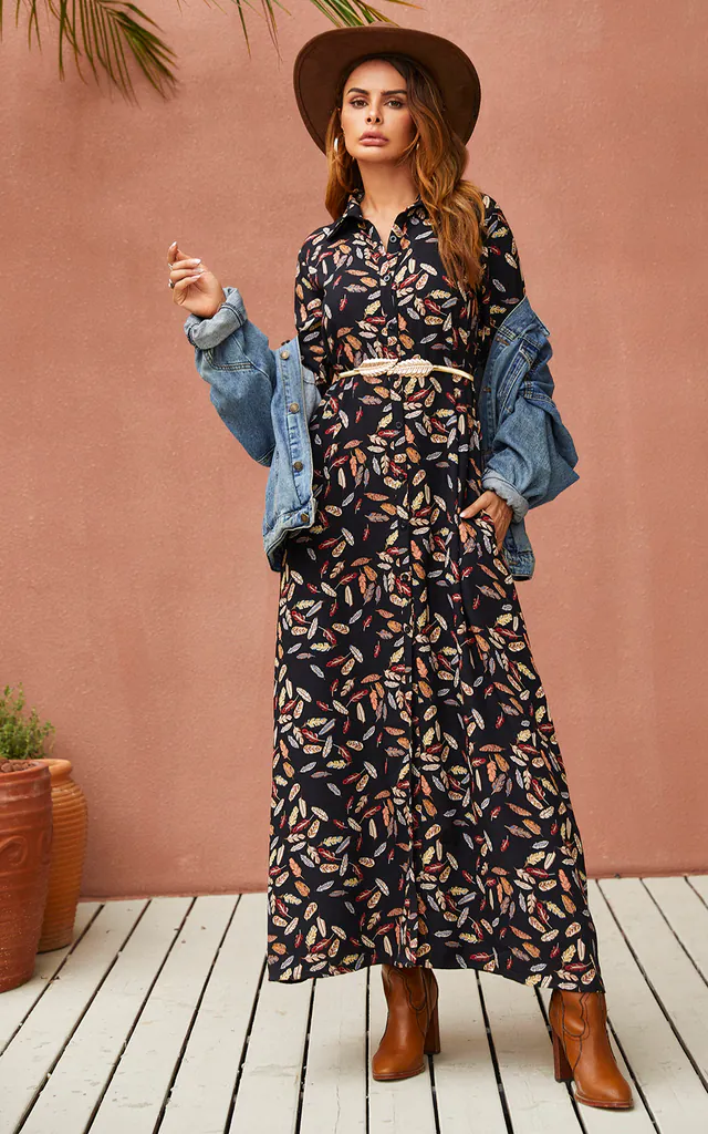 Leaf Print Black Maxi Shirt Dress With Tie Waist + Free Gold Stretch Leaf Belt | FS Collection | SilkFred Leaf Print Black Maxi Shirt Dress With Tie Waist + Free Gold Stretch Leaf Belt | FS Collection | SilkFred