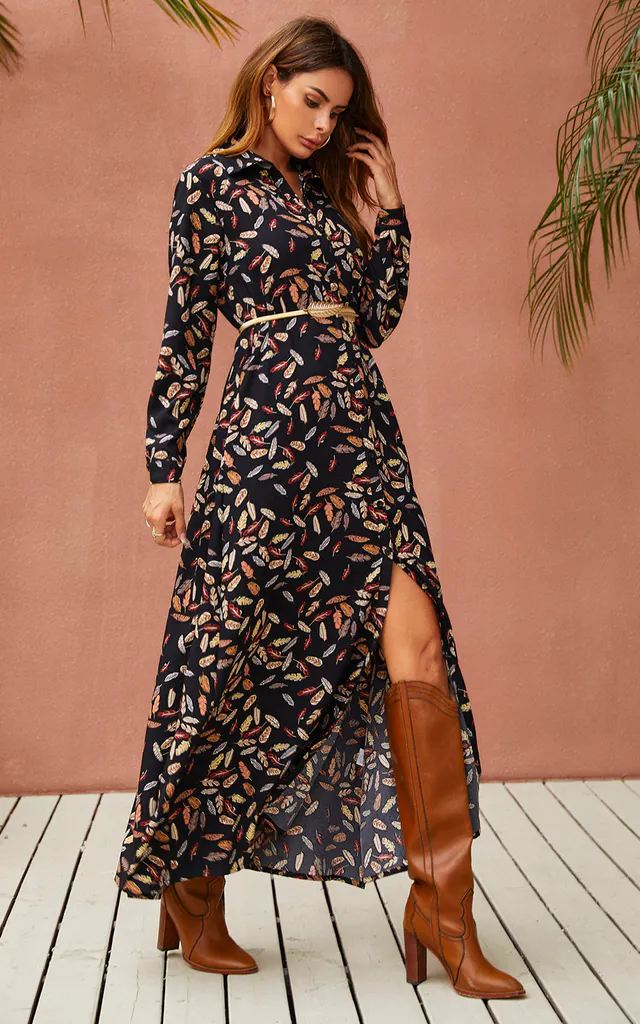 Leaf Print Black Maxi Shirt Dress With Tie Waist + Free Gold Stretch Leaf Belt | FS Collection | SilkFred Leaf Print Black Maxi Shirt Dress With Tie Waist + Free Gold Stretch Leaf Belt | FS Collection | SilkFred