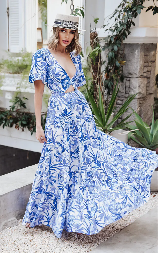 Find Me On A Yacht Blue Floral Print Puffy Sleeves Open Back Summer Maxi Holiday Dress | HOUSE OF MAGUIE | SilkFred Find Me On A Yacht Blue Floral Print Puffy Sleeves Open Back Summer Maxi Holiday Dress | HOUSE OF MAGUIE | SilkFred