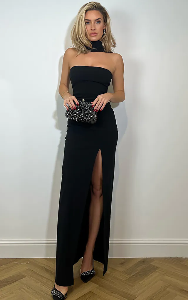 black maxi dress with collar Embroidered satin maxi dress with draped collar Color: Black RASARIO Online Boutique 34 (FR) / Black