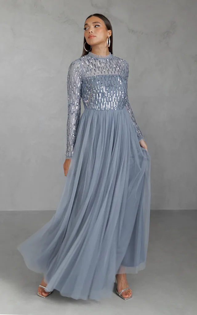 Dusty Blue Linear Embellished Long Sleeve Maxi Dress | Maya Deluxe | SilkFred Dusty Blue Linear Embellished Long Sleeve Maxi Dress | Maya Deluxe | SilkFred