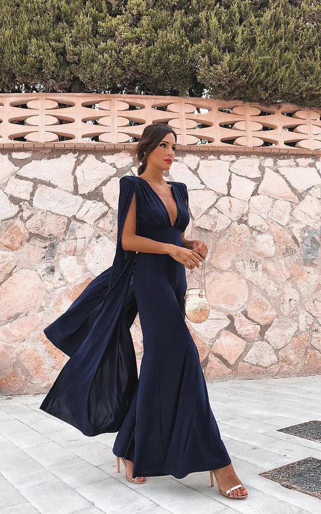 Navy Plunge Front Cape Jumpsuit | Club L London | SilkFred Navy Plunge Front Cape Jumpsuit | Club L London | SilkFred