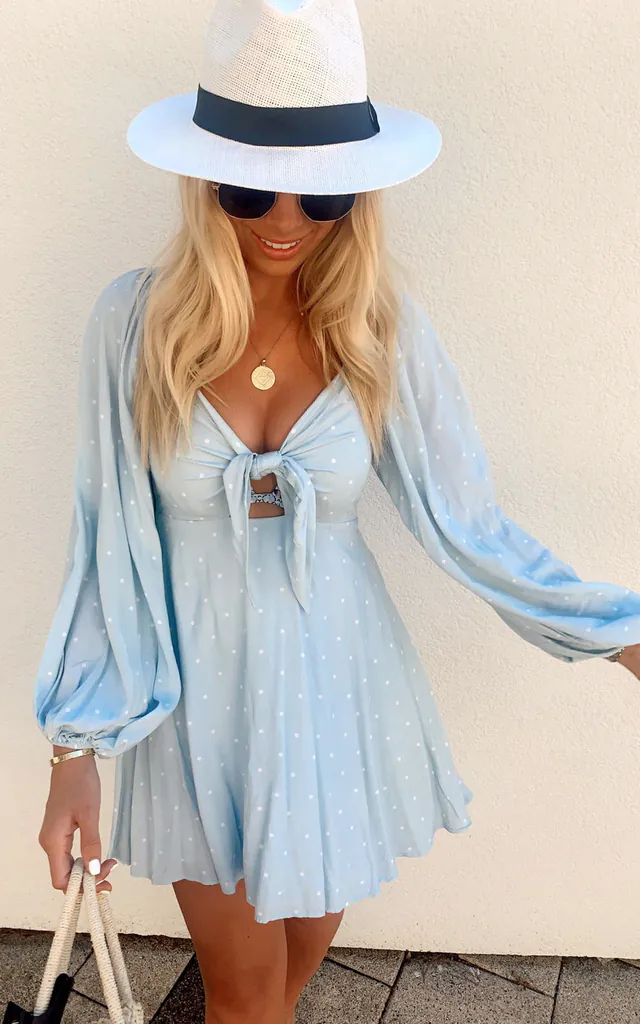 Somerset Mini Dress in Blue Polka Dot | Charlie Holiday | SilkFred Somerset Mini Dress in Blue Polka Dot | Charlie Holiday | SilkFred