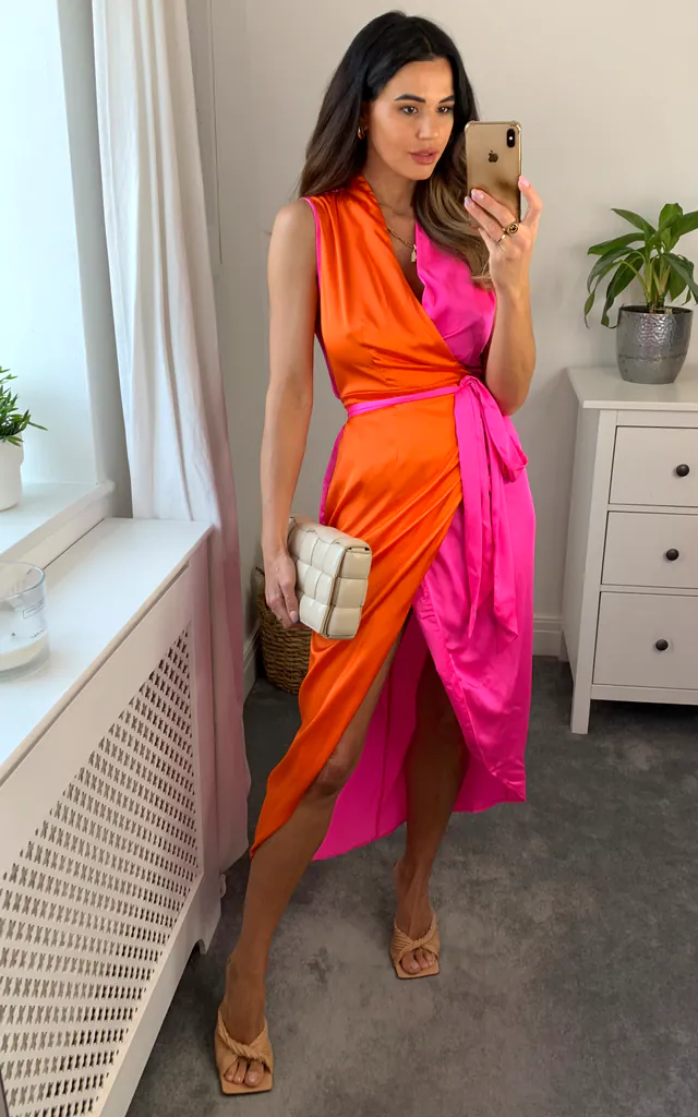 Plunge neck contrast colour midi dress dress in pink and orange | D.Anna | SilkFred Plunge neck contrast colour midi dress dress in pink and orange | D.Anna | SilkFred