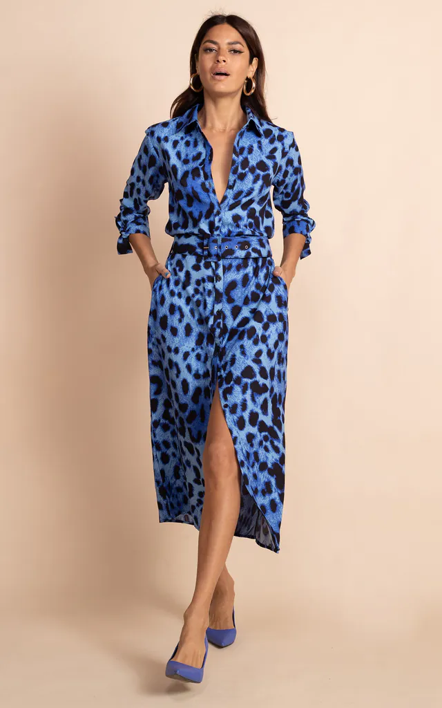 Alva Midi Shirt Dress in Bright Blue Leopard Recycled Materials | Dancing Leopard | SilkFred Alva Midi Shirt Dress in Bright Blue Leopard Recycled Materials | Dancing Leopard | SilkFred