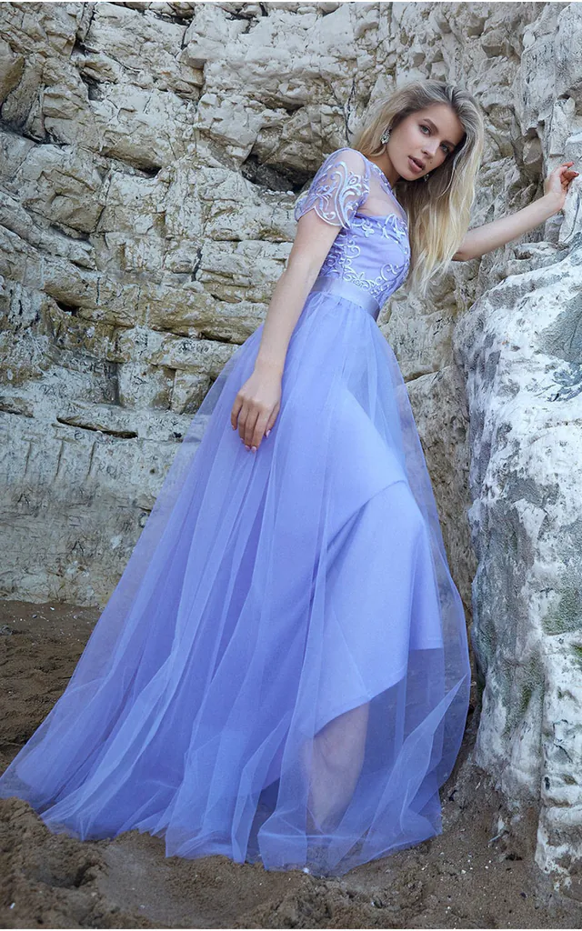 Embroidered Mesh Maxi Dress In Lilac | Goddiva | SilkFred Embroidered Mesh Maxi Dress In Lilac | Goddiva | SilkFred