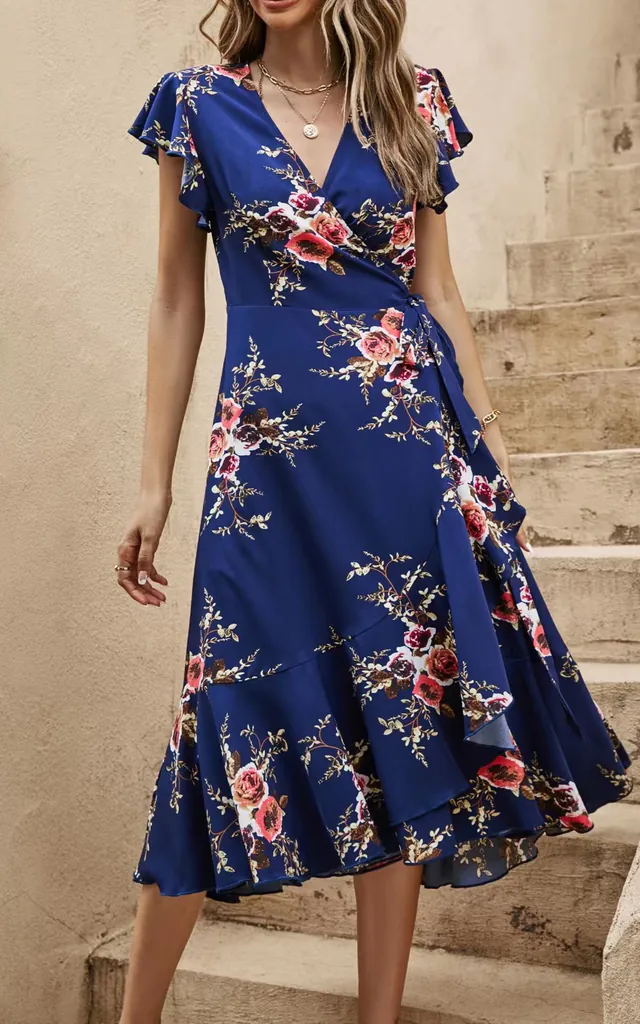 navy geo print satin frill shoulder split midi dress Satin Dresses | Maxi & Midi Satin Dresses