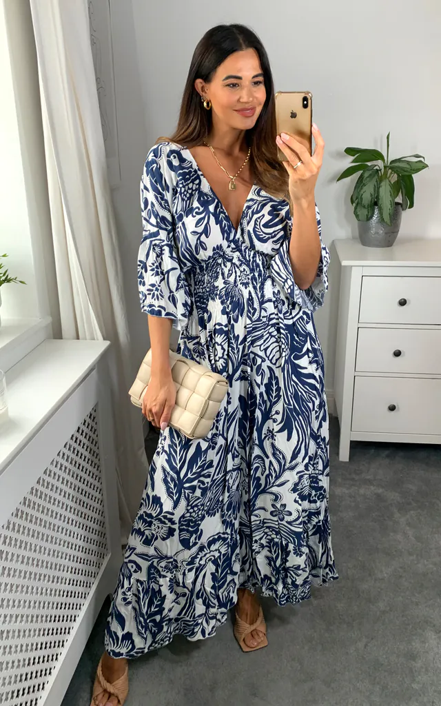 navy blue and white maxi dress WEDTREND Women White Blue Flower Bridesmaid Dress with Slit A-Line Off the Shoulder Ruched Corset Prom Dress, White Blue Flower / US22W