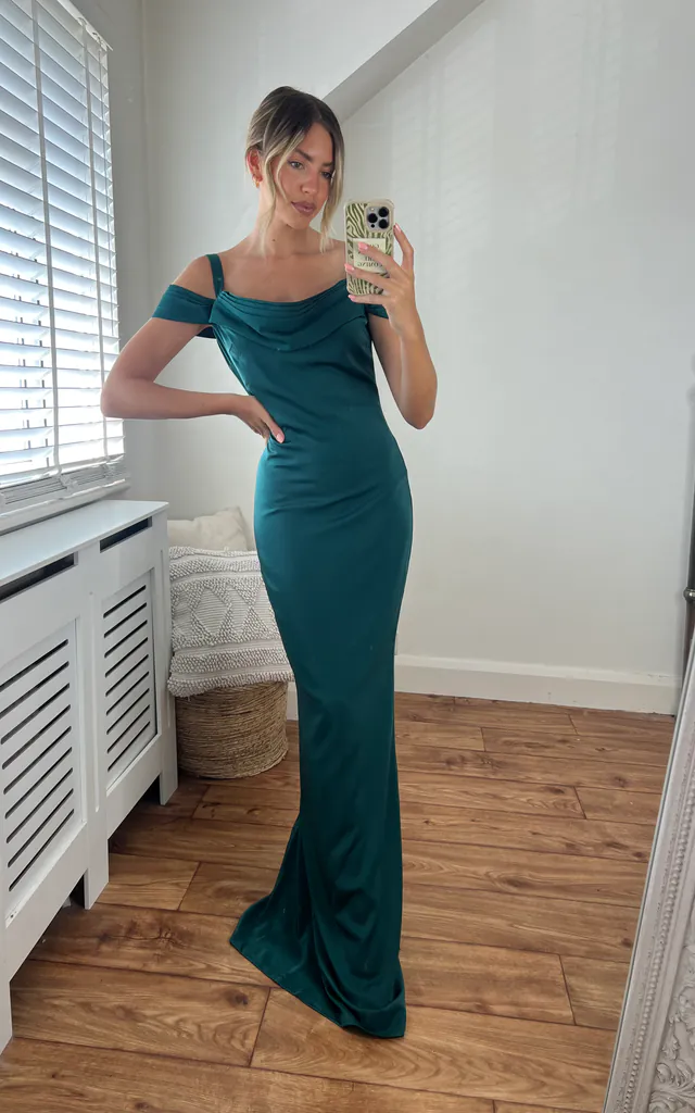 Lizzie Draped Off The Shoulder Cowl Neck Long Premium Satin fully Lined Maxi Dress in Emerald Green | Josh and Nicol | SilkFred Lizzie Draped Off The Shoulder Cowl Neck Long Premium Satin fully Lined Maxi Dress in Emerald Green | Josh and Nicol | SilkFred