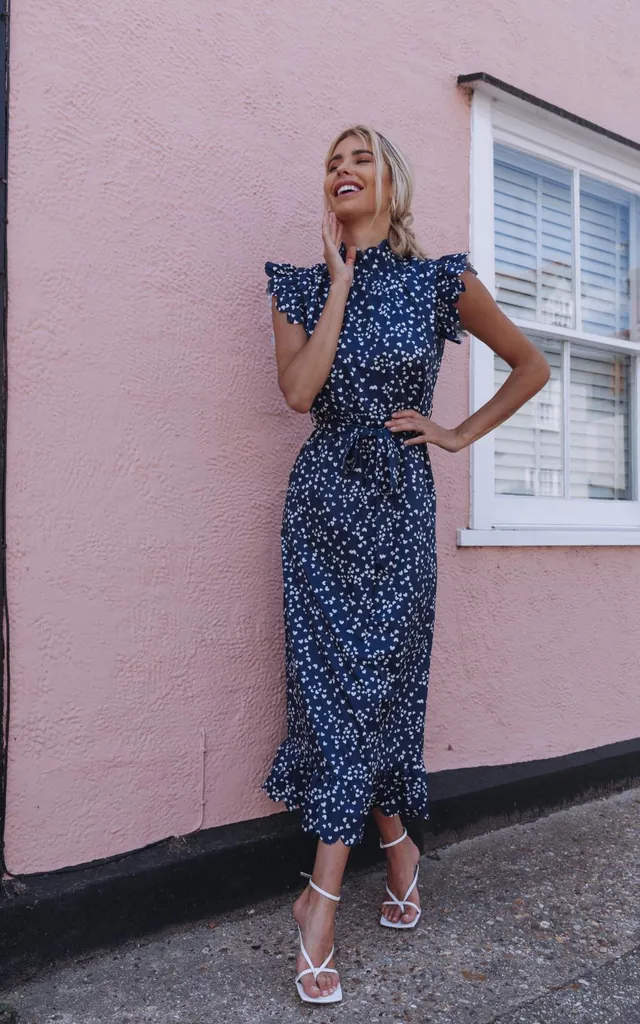 navy dress with red hearts 80s Prairie Dress Heart Button Navy Blue Mini