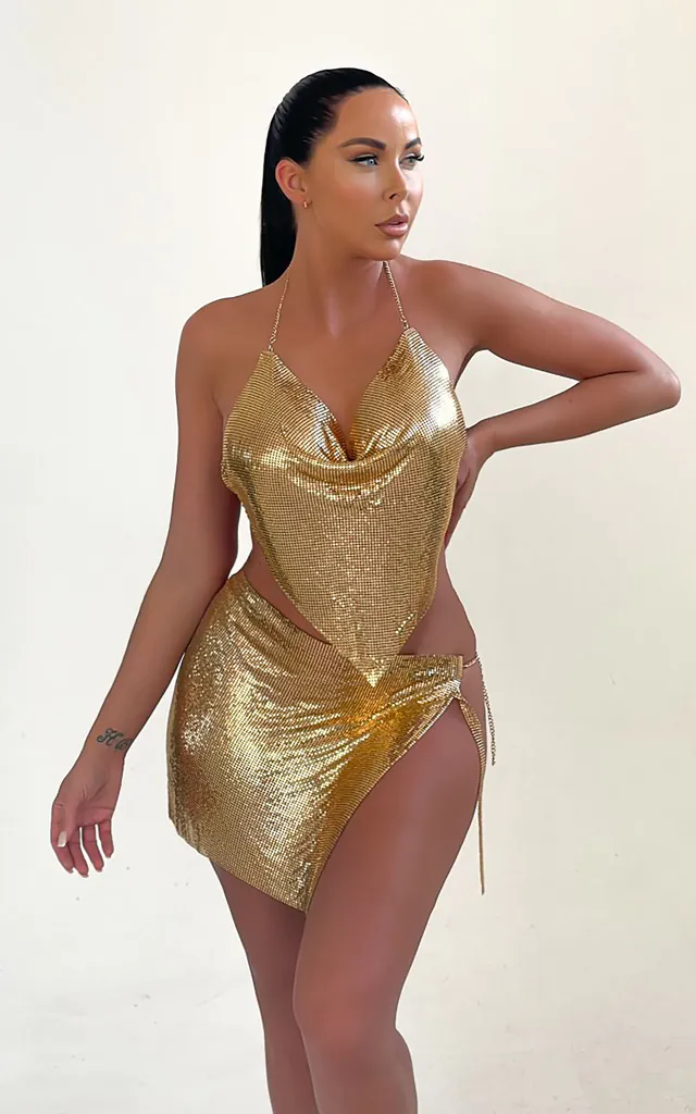 Gold Cowl Neck Chain Mail Strappy Top And Mini Skirt Co-ord - Cara | Femme Luxe | SilkFred Gold Cowl Neck Chain Mail Strappy Top And Mini Skirt Co-ord - Cara | Femme Luxe | SilkFred
