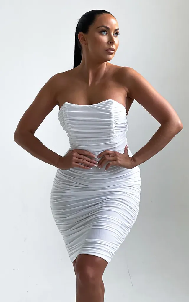 bandeau ruched bodycon dress PrettyLittleThing Women's Bandeau Ruched Mini Dress in Sage