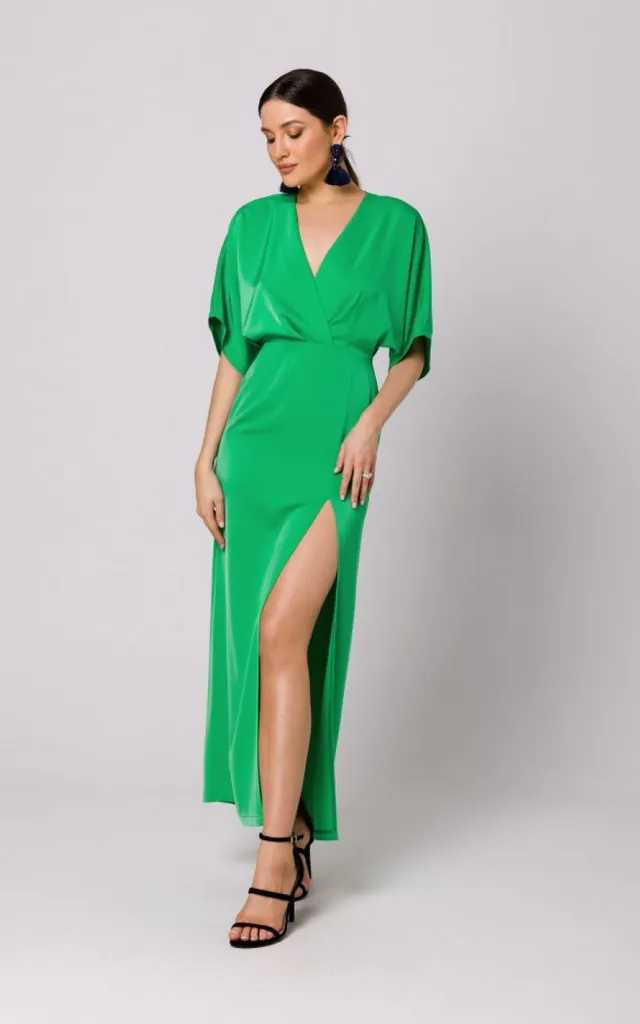 Green Kimono Wrap Maxi Dress with split leg | MOE | SilkFred Green Kimono Wrap Maxi Dress with split leg | MOE | SilkFred