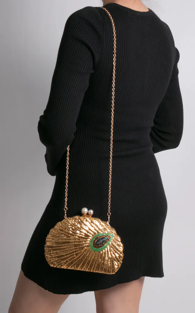 Gold Peacock Sequin Box Clutch | KoKo Couture | SilkFred Gold Peacock Sequin Box Clutch | KoKo Couture | SilkFred