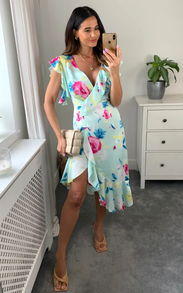 Floral Print Asymmetric Midi Wrap Dress in Mint Green | Liquorish | SilkFred Floral Print Asymmetric Midi Wrap Dress in Mint Green | Liquorish | SilkFred