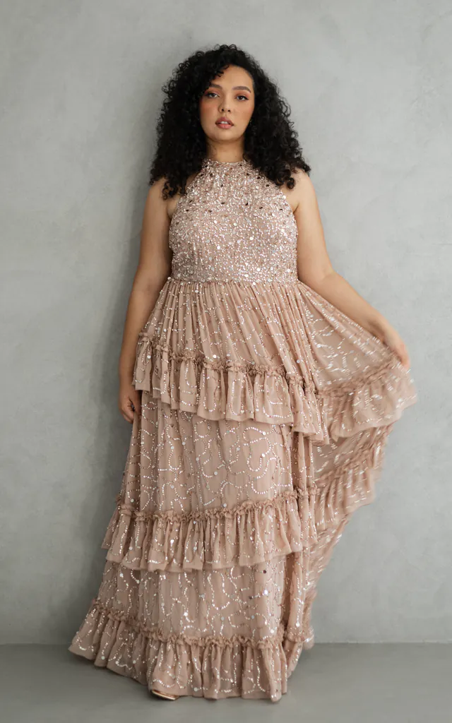 Taupe Blush Fully Embellished Halter Neck Maxi Dress | Maya Deluxe | SilkFred Taupe Blush Fully Embellished Halter Neck Maxi Dress | Maya Deluxe | SilkFred