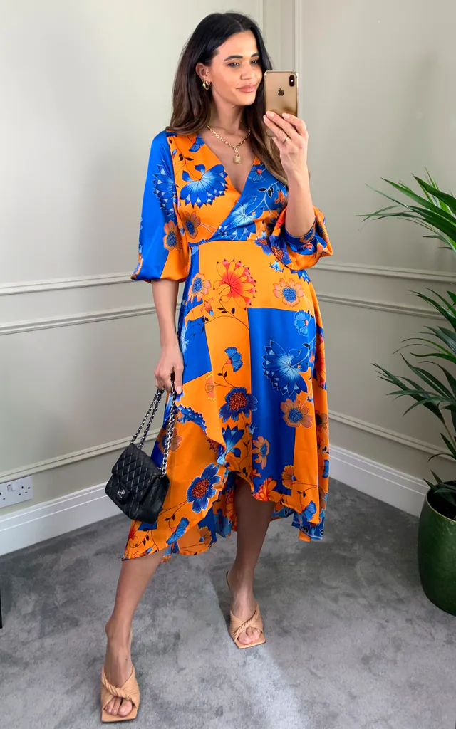 Long Sleeve Wrap Midi Dress in Orange & Blue Floral | Liquorish | SilkFred Long Sleeve Wrap Midi Dress in Orange & Blue Floral | Liquorish | SilkFred