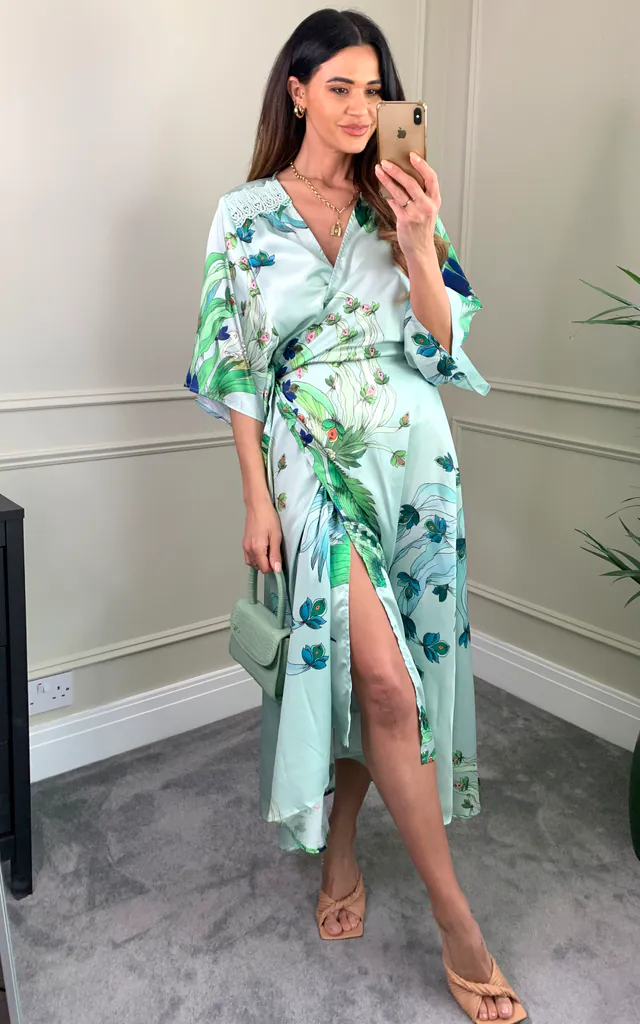 Mint Green Bird and Floral Wrap Maxi Dress with Lace Details | Liquorish | SilkFred Mint Green Bird and Floral Wrap Maxi Dress with Lace Details | Liquorish | SilkFred