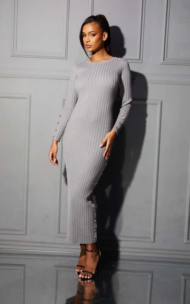 Grey Ribbed Long Sleeve Button Detail Bodycon Midi Dress | Femme Luxe | SilkFred Grey Ribbed Long Sleeve Button Detail Bodycon Midi Dress | Femme Luxe | SilkFred