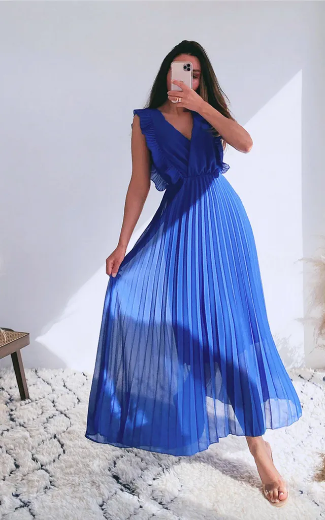 Sapphire Blue Pleated Sleeveless Lined Maxi Dress | Always Over Dressed | SilkFred Sapphire Blue Pleated Sleeveless Lined Maxi Dress | Always Over Dressed | SilkFred