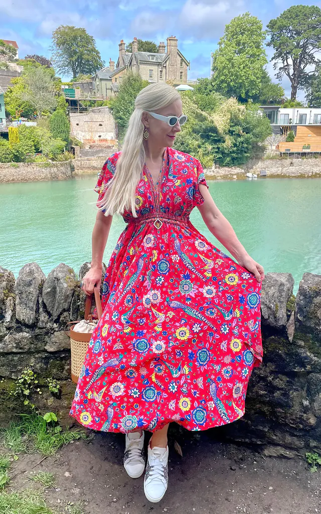 Boho 70s red floral oriental kimono midi dress | Lovelock jewels | SilkFred Boho 70s red floral oriental kimono midi dress | Lovelock jewels | SilkFred