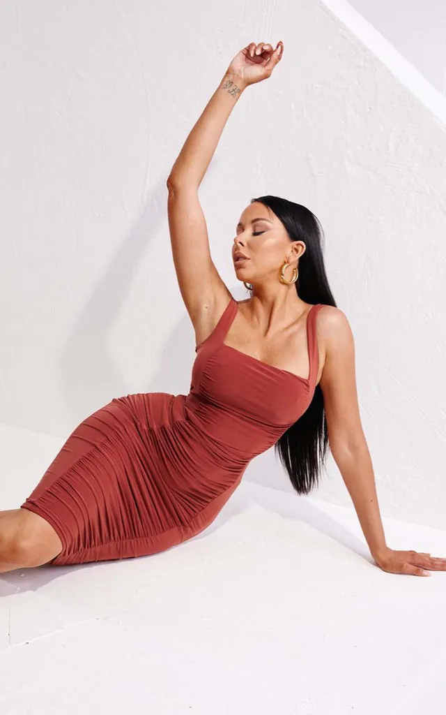 bodycon dress thick straps Bella Vista Cowl Neckline Thick Strap Knee Length Dress Hot Pink