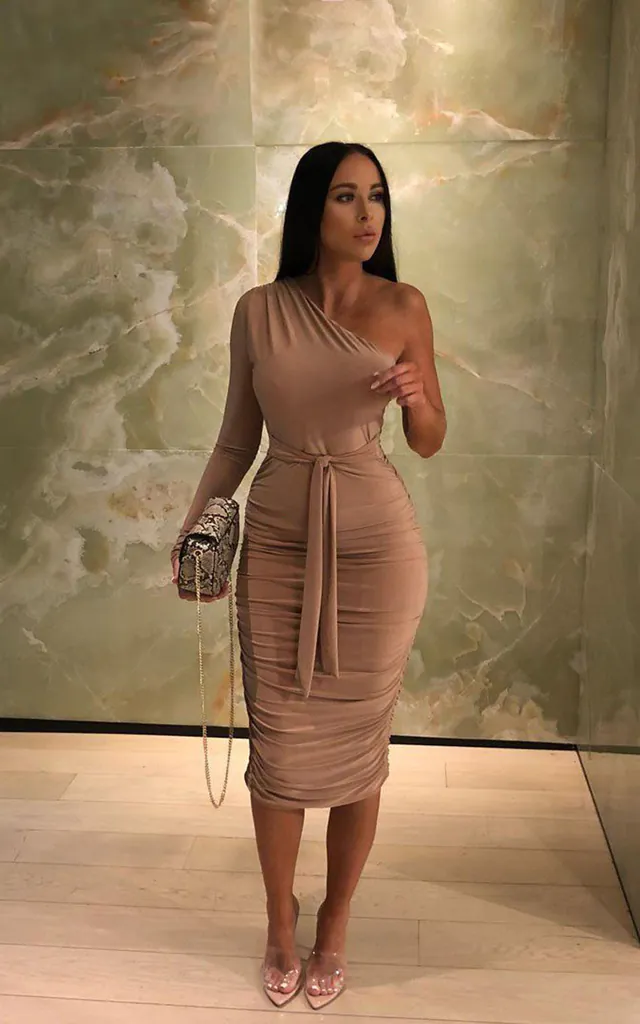 Beige One Shoulder Ruched Slinky Midi Dress - Savannah | Femme Luxe | SilkFred Beige One Shoulder Ruched Slinky Midi Dress - Savannah | Femme Luxe | SilkFred