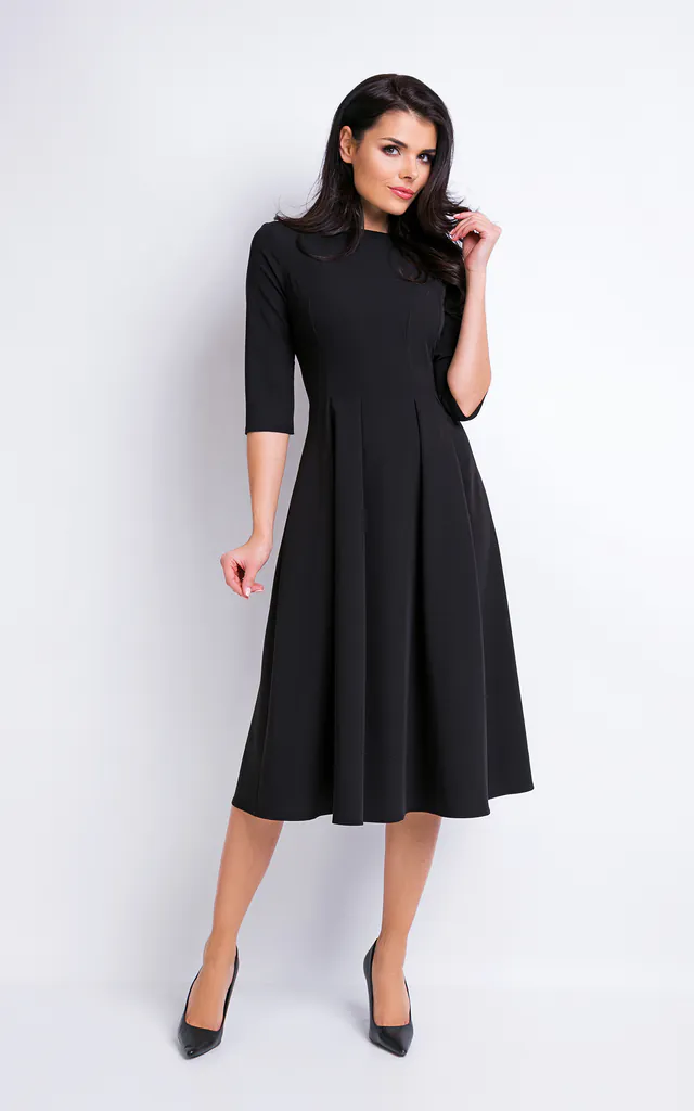 Black Elegant Midi Dress With 3/4 Sleeves | AWAMA | SilkFred Black Elegant Midi Dress With 3/4 Sleeves | AWAMA | SilkFred