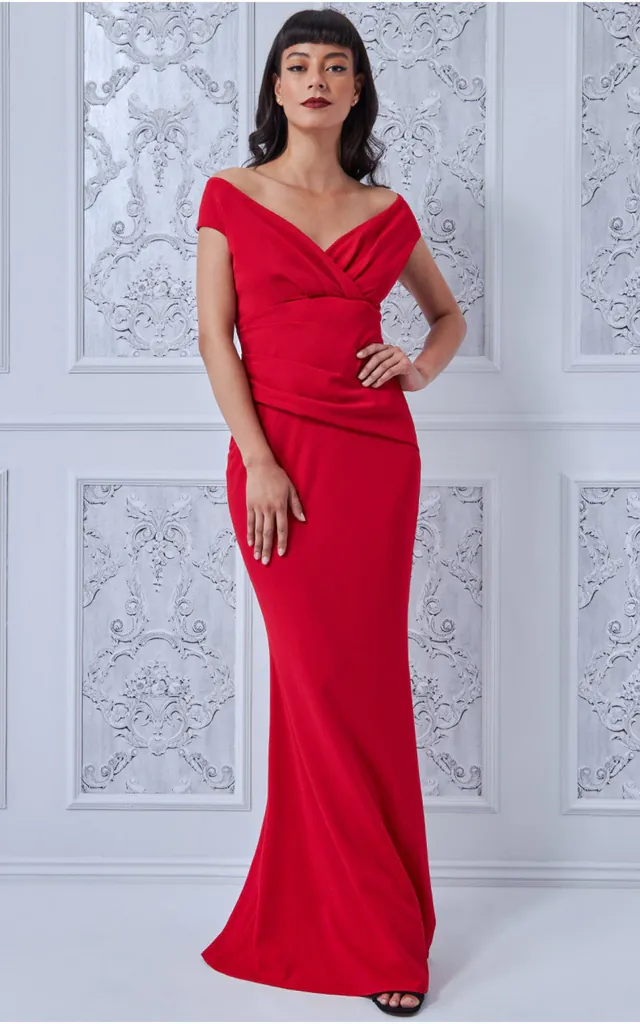 goddiva bardot pleated maxi dress Goddiva One Shoulder Pleated Bardot Lace Maxi Dress